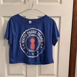 District Blue Short Sleeve Crop Tee with Coral Pineapple Graphic